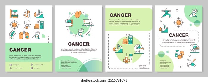 Plantilla de folleto del círculo verde del cáncer. Síntomas y tratamiento. Diseño de folleto con iconos lineales. 4 diseños de Vector editables para presentación, informes anuales