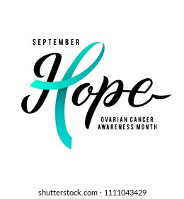 Cancer hope. Ovarian Cancer Awareness Label. Vector Tamplate with Teal Ribbon - Symbol of Cancer Fight.