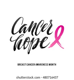 Cancer Hope. Vector Breast Cancer Awareness Calligraphy Poster Design. Stroke Pink Ribbon.