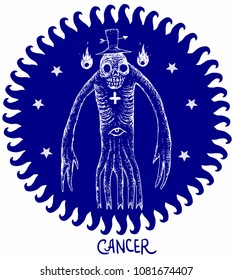 Cancer Horoscope Astrology skeleton character. Zodiac sign with stars in circle isolated on the white background. Vector illustration EPS 10 format.