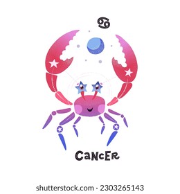 Cancer horoscope character with zodiac sign and handlettering. Cute vector illustration EPS 10.