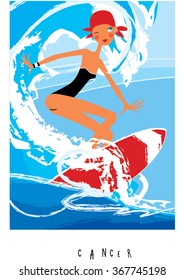 Cancer horoscope sign as surfer girl catching big wave. Woman zodiac vector illustration. Summer children surf camp.