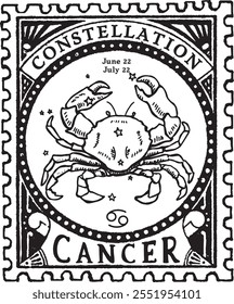 Sinal de horóscopo de CÂNCER vetorizado desenho de mão, SELO POSTAL