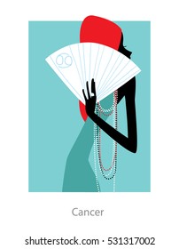 Cancer horoscope sign as a woman with fan. vector