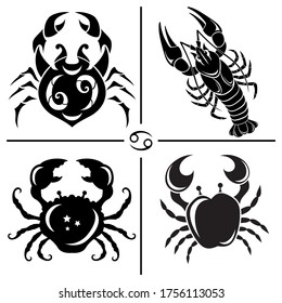 Cancer. Horoscope. Zodiac sign. Set of vector silhouettes in four different styles.