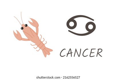 Cancer horoscope zodiac sign with symbol and inscription. Illustration of a crustacean cartoon style