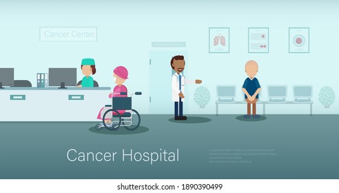 Cancer hospital banner with doctor and patients flat design vector illustration