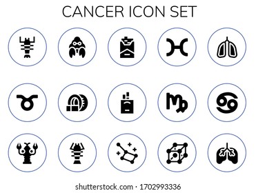 cancer icon set. 15 filled cancer icons. Included Lobster, Taurus, Hermit crab, Tomography, Cigarette, Cigarettes, Pisces, Virgo, Lungs, Cancer, Constellation, Cells icons