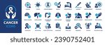 Cancer icon set. Containing tumor, oncology, chemotherapy, biopsy, radiotherapy, ribbon, breast cancer, remission and more. Vector solid icons collection.