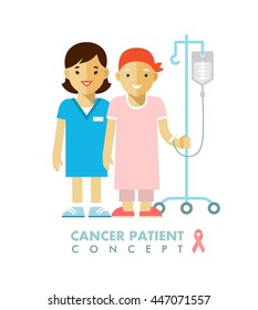 Cancer ill people person concept. Nurse and young patient after chemotherapy on white background