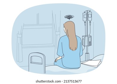 Cancer illness and sadness concept. Sad woman sitting on bed in clinic with dropper having chemotherapy trying to cure cancer vector illustration 