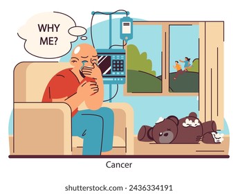 Cancer Journey Reflection. A patient's introspective moment during cancer treatment, contrasting with the liveliness outside. The solitude of illness. Flat vector illustration.