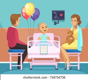 Cancer Kid Patient Composition Composition With Family And Oncology Symbols Flat Vector Illustration