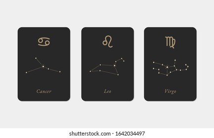 Cancer, Leo, Virgo constellations Vector Design. Hand Drawn Cancer, Leo, Virgo Zodiac Symbols. Minimalistic illustration set.