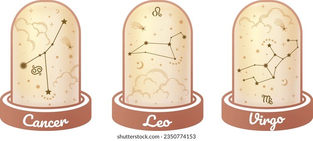 Cancer, Leo, and Virgo zodiac symbols and star signs constellation simple styles surrounded by moon, stars, and stardust in the magic jar, esoteric, and boho styles.