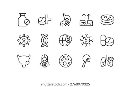 Cancer line icon set. Cancer types, tumor, medicine, injection, seline, brain, stomach, treatment, ovarian, colon cancer, tumor cell outline icons. UI thin icon pack