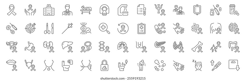 Cancer line icons. Vector illustration include icon - mri, doctor, treatment, biopsy, radiology, biopsy, sarcoma, therapy, radiology outline pictogram for oncology tumor diagnostic. Editable stroke