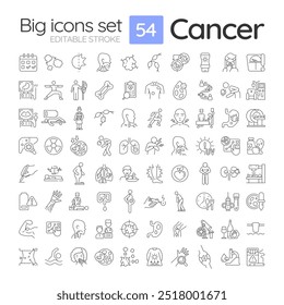 Conjunto de iconos lineales de cáncer. Oncología. Síntomas de la enfermedad y tratamiento. Procedimiento médico. Examen de salud. Símbolos de línea delgada personalizables. Ilustraciones de contorno de Vector aislado. Trazo editable