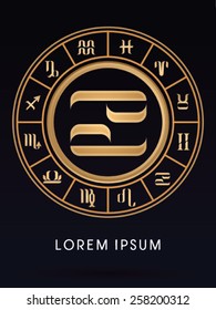 Cancer ,Luxury 12 Zodiac wheel cycle sign, designed using gold line color on dark blue background, logo, symbol, icon, graphic, vector.