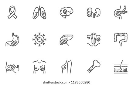 Cancer, Malignant Tumor. Vector Line Icons Set. Oncology, Mammary Gland Cancer, Brain Tumor. Editable Stroke. 48x48 Pixel Perfect.