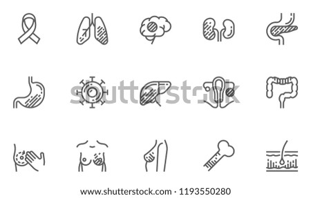 Cancer, Malignant Tumor. Vector Line Icons Set. Oncology, Mammary Gland Cancer, Brain Tumor. Editable Stroke. 48x48 Pixel Perfect.