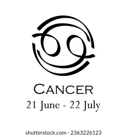 Cancer with name and dates. Horoscope with 12 zodiac signs. From June 21 to July 22. Astrology, fortune telling, constellation, stars, ascendant, pseudoscience, natal chart. Casual style of strokes