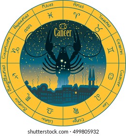 cancer on the background urban night landscape and the starry sky in circle with the signs of the zodiac