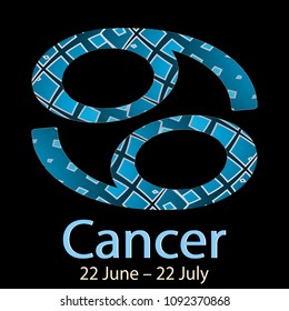 Cancer. Ornamental decorative vector Zodiac sign.  Astrological patterned Crab  zodiac symbol. Abstract modern background with dates, months, latin name text. 22 June – 22 July. Luxury ornate design