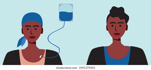 Cancer patient or BIPOC man, oncology progress before and after chemotherapy, flat vector stock illustration