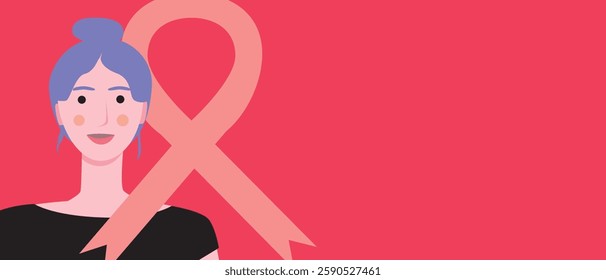 Cancer patient as a concept of fighting cancer, flat vector stock illustration with cancer ribbon as a sign or symbol, copy space template for overlay