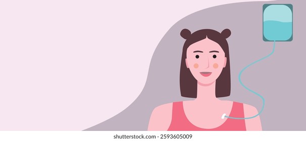 Cancer patient during chemotherapy or treatment, flat vector stock illustration with drip or copy space shag for overlay, concept of struggle, courage and bravery of cancer patients