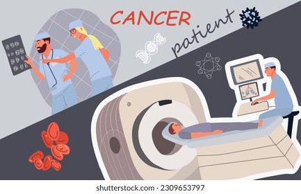 Cancer patient oncology composition with ornate text and collage of flat images scanner doctors and patient vector illustration