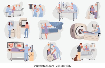 Cancer patient oncology flat set of isolated compositions showing scenes of sick patient getting doctors help vector illustration