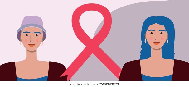Cancer patient with cancer ribbon, oncology progress after treatment, flat vector stock illustration with alopecia woman