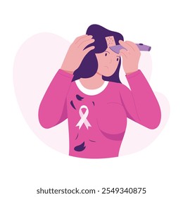 Cancer patient shaving head, flat illustration 