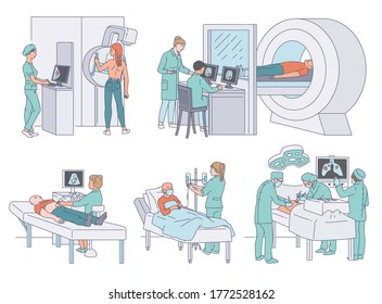 Cancer patients and doctors in hospital - cartoon set of people using medical equipment for diagnosis, surgery and chemotherapy. Isolated vector illustration.