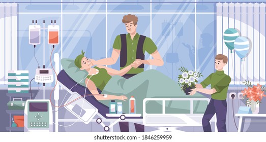 Cancer patients family friends support flat horizontal composition with husband son vising undergoing chemotherapy woman vector illustration 