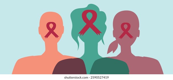 Cancer patients silhouettes and cancer ribbon, silhouette vector stock illustration with unrecognizable people as oncology concept