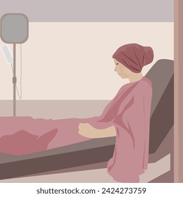 cancer patients Sitting on the bed in the patient room.