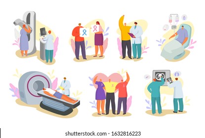 Cancer and people doctors, patients vector illustration set isolated. Medical examination, oncological cancer treatment and cure man, woman collection. Breast mammography, chest x ray.