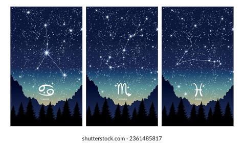 Cáncer, Pisces, Escorpio, signos de zodiaco de elemento hídrico. Un conjunto de tarjetas de constelación en el cielo nocturno, fondo para historias con espacio de copia. Ilustración vectorial moderna.