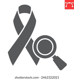 Cancer prevention glyph icon, aids and disease, awareness ribbon with magnifier vector icon, vector graphics, editable stroke solid sign, eps 10.