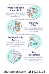 Sequência vertical infográfica de prevenção do câncer. Estilo de vida saudável. Fatores de risco de câncer. Gráfico de informações de visualização com 5 etapas. Fluxo de trabalho de círculos