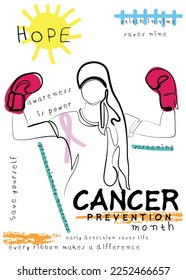 Cancer prevention month poster. Doodles and kids style art. Awareness is power. Spread words to save lives.