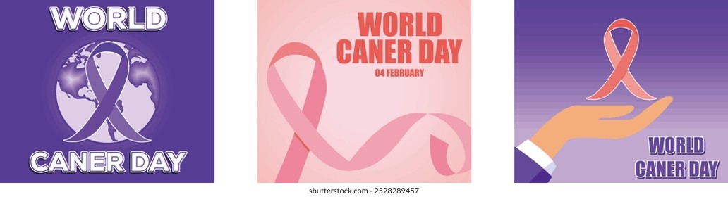 Cancer protection.   World cancer awareness day. Hand holding pink ribbon in support. Set flat vector modern illustration 