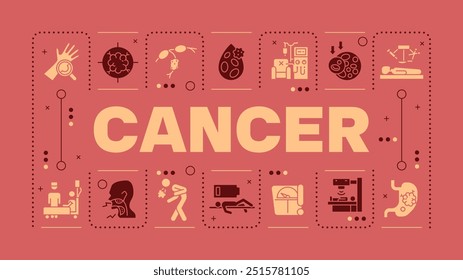 Concepto de palabra roja de cáncer. Enfermedad oncológica. Síntomas y tratamiento. Procedimientos médicos. Comunicación visual. Arte vectorial con texto de letras, iconos de glifos editables