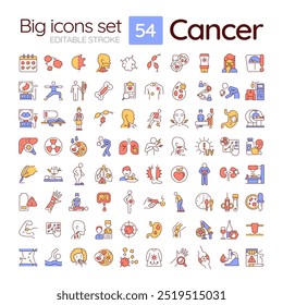 Ícones de cor RGB de câncer definidos. Oncologia. Sintomas e tratamento da doença. Procedimento médico. Rastreio médico. Ilustrações isoladas de vetor. Coleção de desenhos de linha preenchida simples. Traçado editável