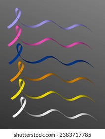 Cancer ribbon collection in 3d. Pink breast cancer, blue ribbon colon rectal, orange color leukemia, purple ribbon pancreatic, yellow sarcoma, white lung cancer