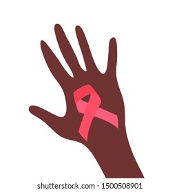 Cancer ribbon in girls hand. Cancer awareness month. Vector illustration. 