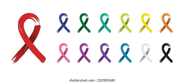 Cancer Ribbon. Hand Drawn Paint Brush Awareness Ribbons. Set Of Different Color Ribbon On White Background. International Day Of Cancer, World Cancer Day. Set Ribbon All Cancers.